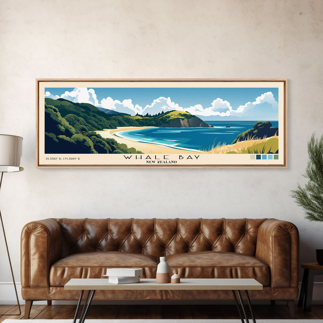 Whale Bay, New Zealand Panoramic Beach Print, Vacation Gift, New Zealand Wall Art, Framed Canvas Print, Framed Beach Painting