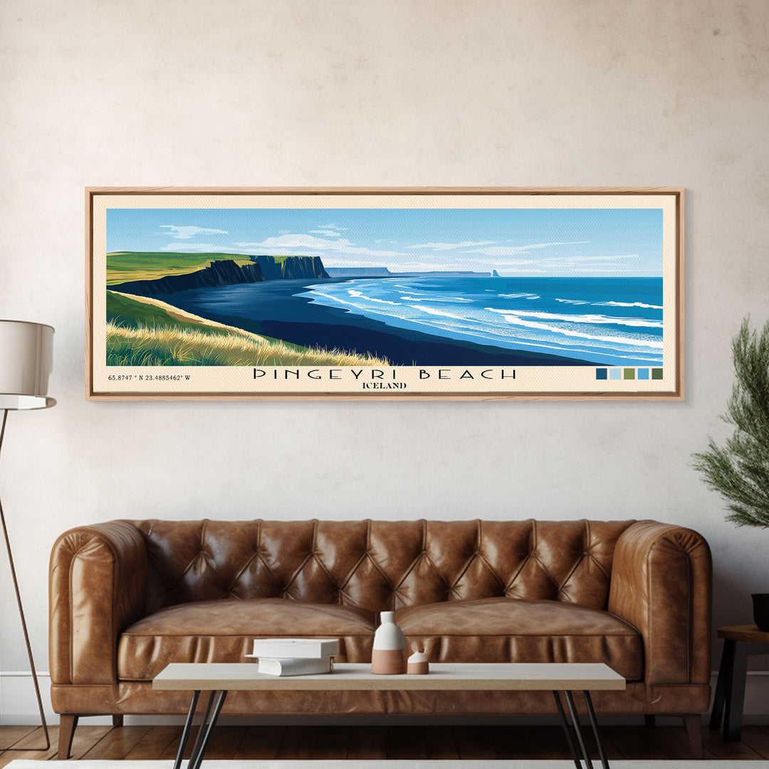 Þingeyri Beach, Iceland Panoramic Beach Print, Vacation Gift, Iceland Wall Art, Framed Canvas Print, Framed Beach Painting