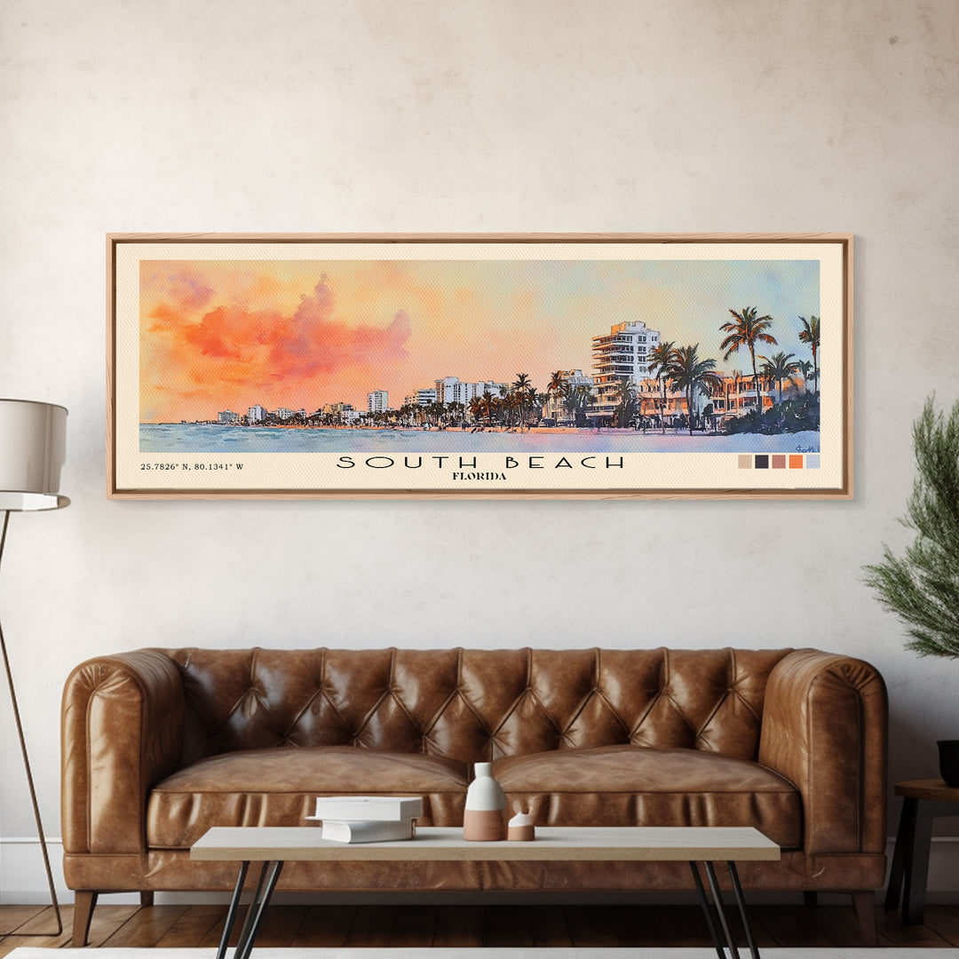 South Beach, Florida Watercolor Print, Vacation Gift, Florida Wall Art, Beach Painting, Beach Decor, Large Wall Art, Wood Frame Art