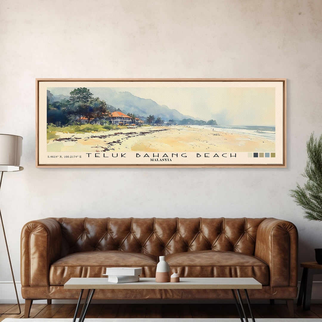 Teluk Bahang Beach, Malasyia Watercolor Print, Vacation Gift, Malasyia Wall Art, Beach Painting, Beach Decor, Large Wall Art, Wood Frame Art