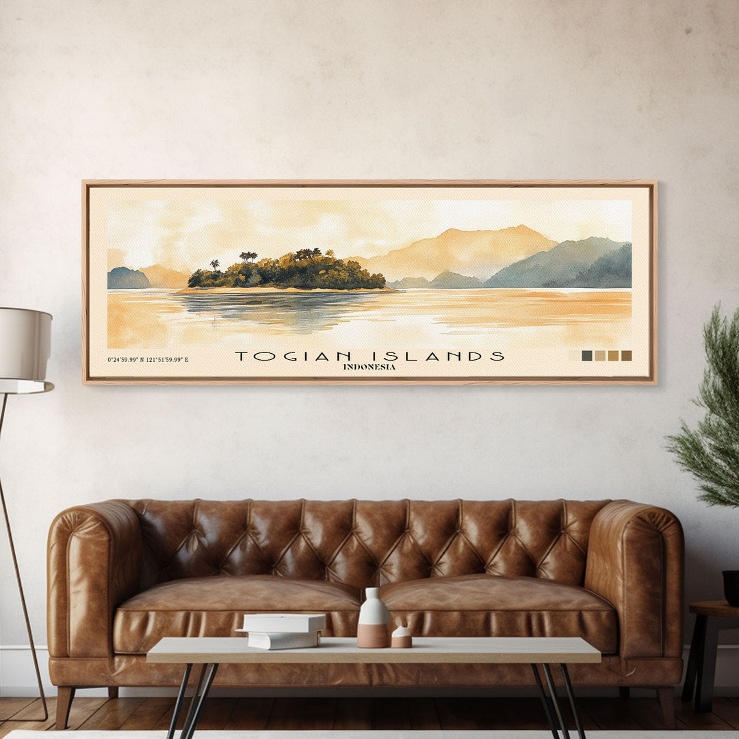 Togian Islands, Indonesia Watercolor Beach Print, Vacation Gift, Indonesia Wall Art, Framed Canvas Print, Framed Beach Painting