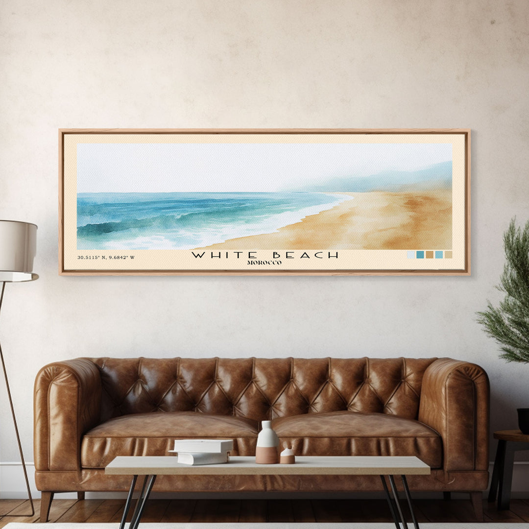 White Beach, Morocco Watercolor Beach Print, Vacation Gift, Morocco Wall Art, Framed Canvas Print, Framed Beach Painting