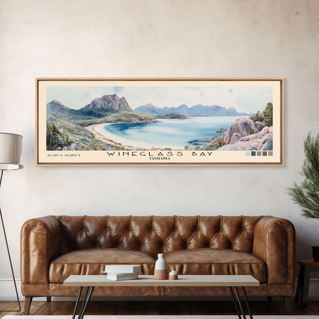 Wineglass Bay, Tasmania Watercolor Beach Print, Vacation Gift, Tasmania Wall Art, Framed Canvas Print, Framed Beach Painting