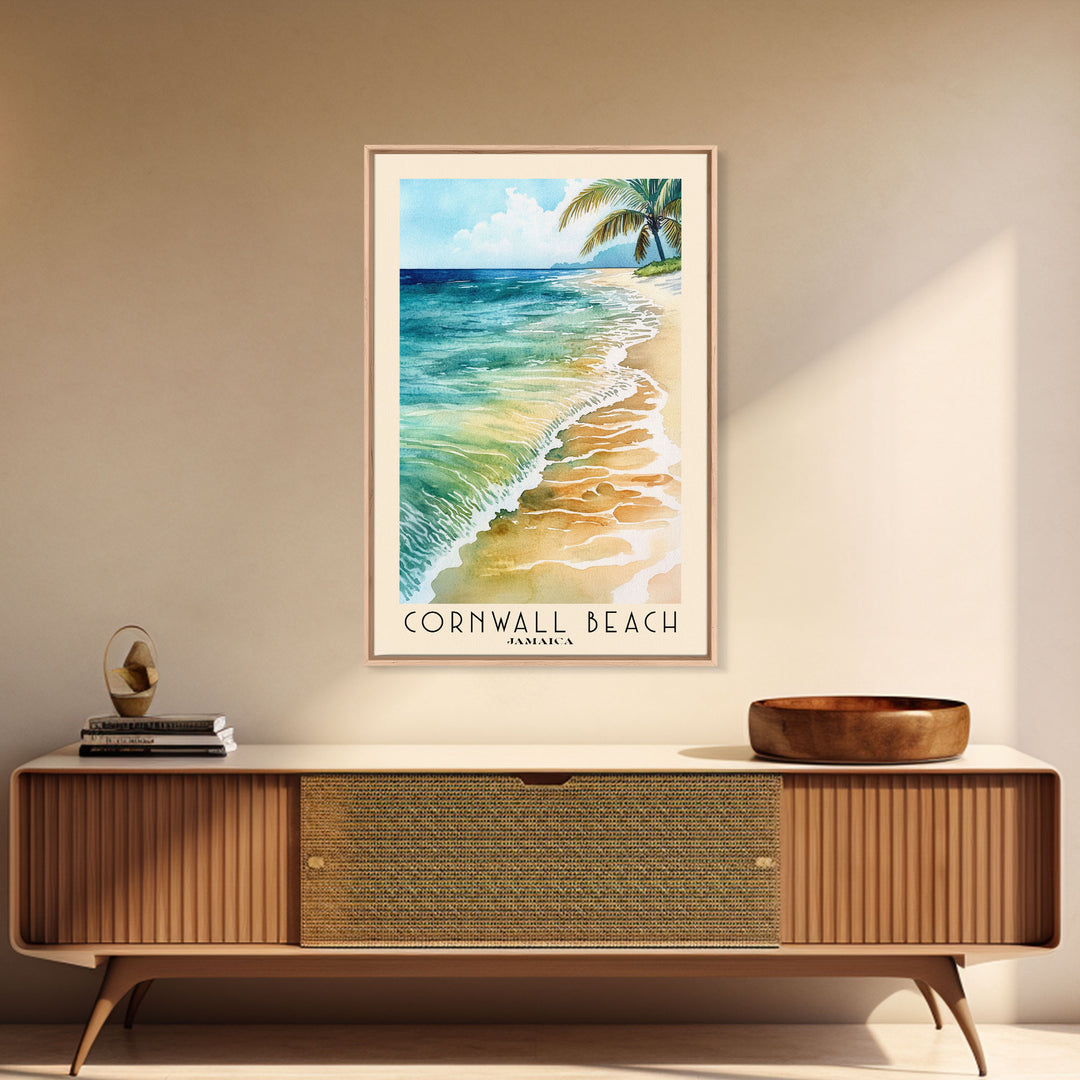 Cornwall Beach, Jamaica Watercolor Beach Print, Vacation Gift, Jamaica Wall Art, Framed Canvas Print, Framed Beach Painting