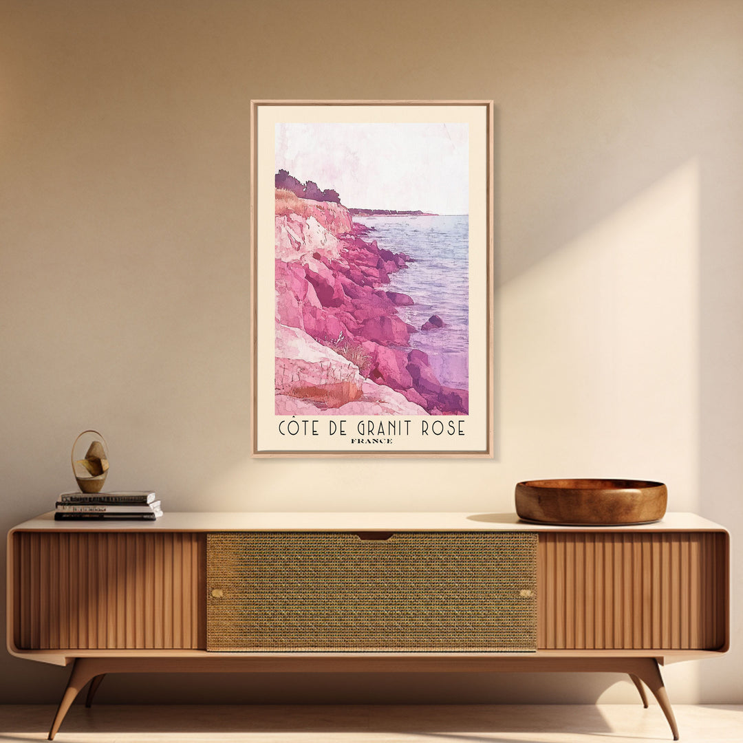 Côte de Granit Rose, France Watercolor Beach Print, Vacation Gift, France Wall Art, Framed Canvas Print, Framed Beach Painting