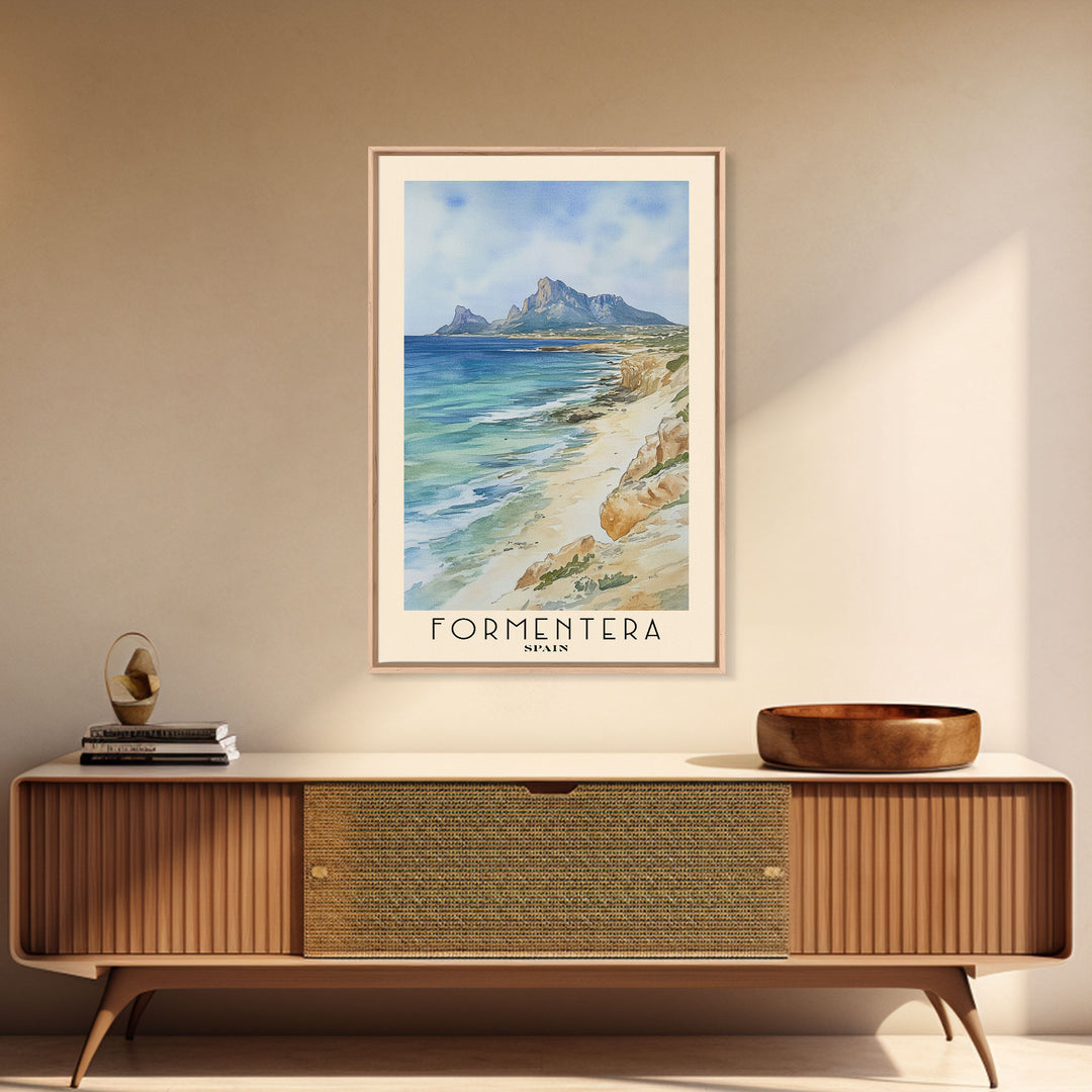 Formentera, Spain Watercolor Print, Vacation Gift, Spain Wall Art, Beach Painting, Beach Decor, Large Wall Art, Wood Frame Art