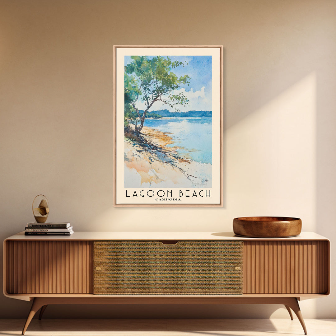 Lagoon Beach, Cambodia Watercolor Print, Vacation Gift, Cambodia Wall Art, Beach Painting, Beach Decor, Large Wall Art, Wood Frame Art