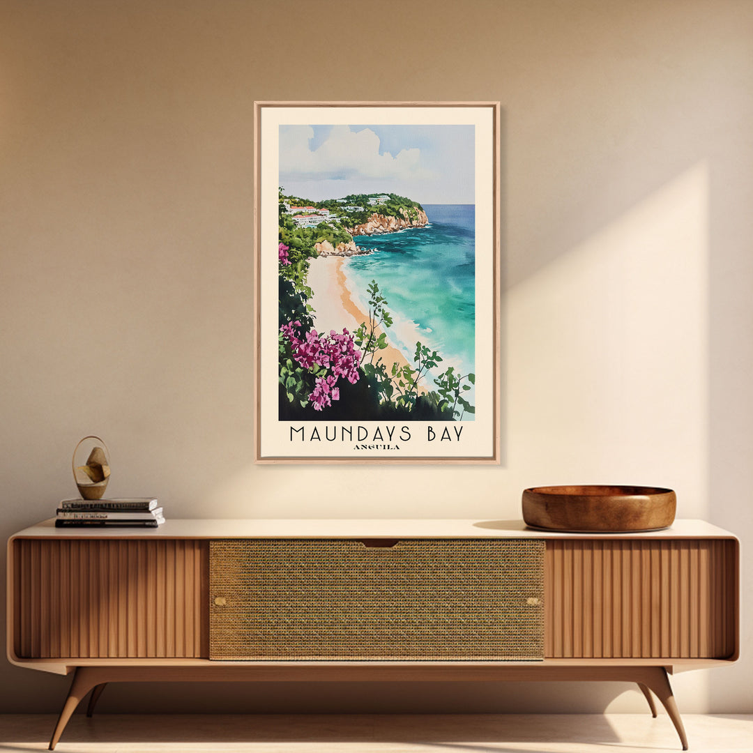 Maundays Bay, Anguila Watercolor Beach Print, Vacation Gift, Anguila Wall Art, Framed Canvas Print, Framed Beach Painting