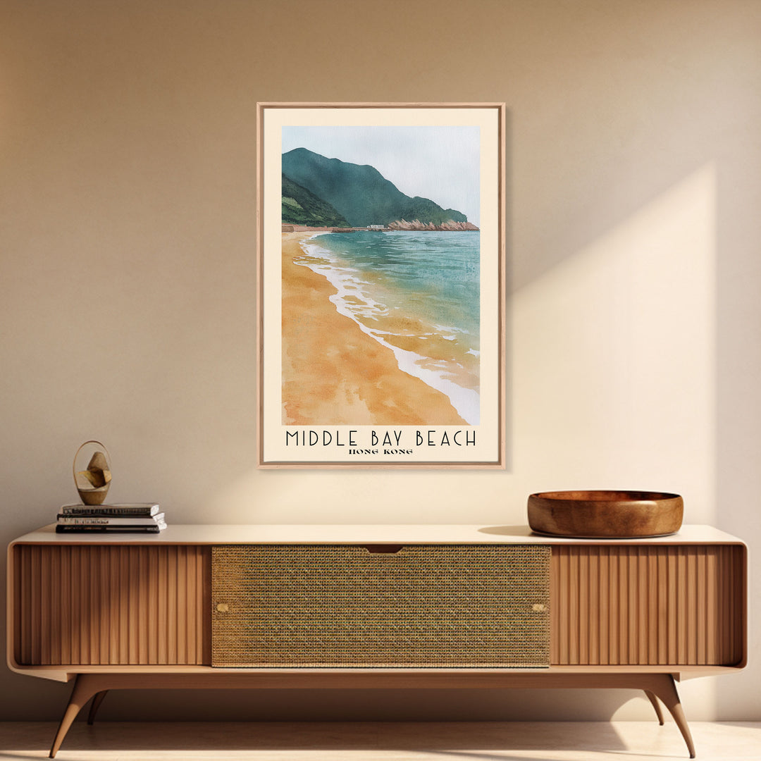 Middle Bay Beach, Hong Kong Watercolor Print, Vacation Gift, Hong Kong Wall Art, Beach Painting, Beach Decor, Large Wall Art, Wood Frame Art