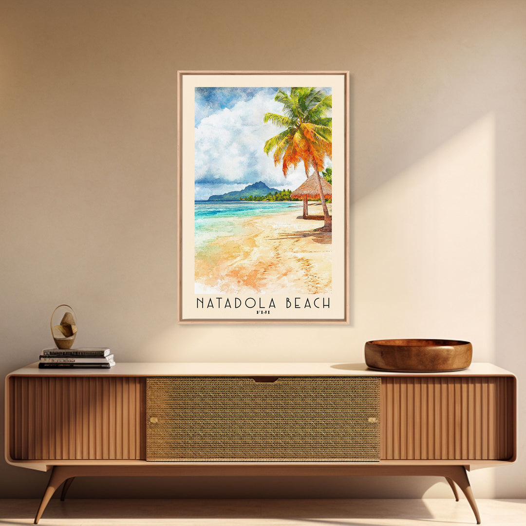 Natadola Beach, Fiji Watercolor Beach Print, Vacation Gift, Fiji Wall Art, Framed Canvas Print, Framed Beach Painting