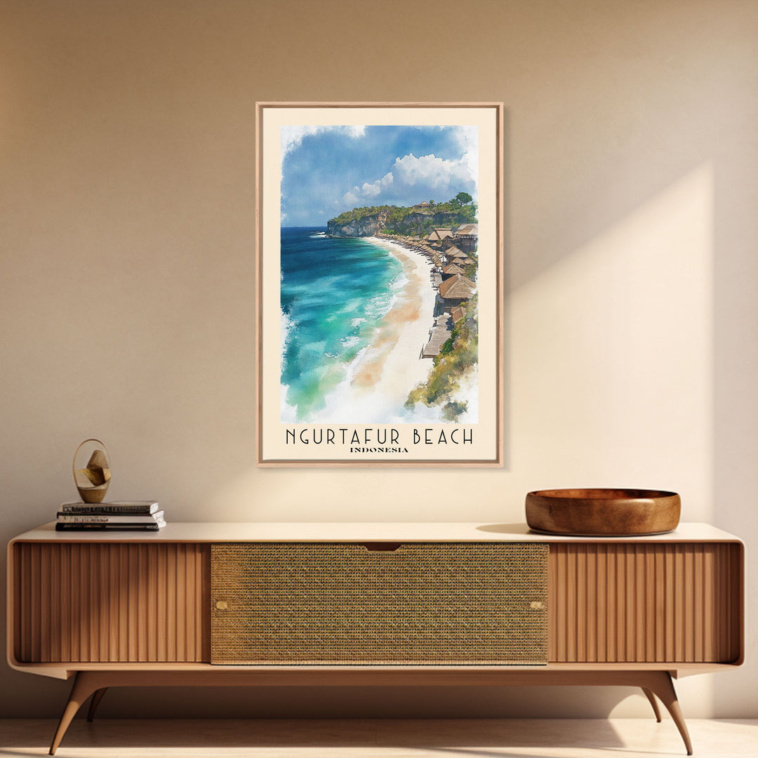 Ngurtafur Beach, Indonesia Watercolor Beach Print, Vacation Gift, Indonesia Wall Art, Framed Canvas Print, Framed Beach Painting