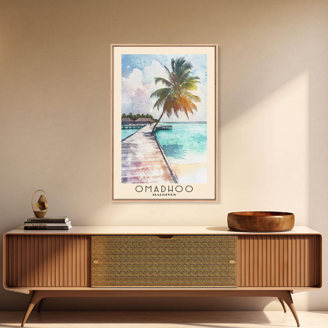 Omadhoo, Maldives Watercolor Print, Vacation Gift, Maldives Wall Art, Beach Painting, Beach Decor, Large Wall Art, Wood Frame Art