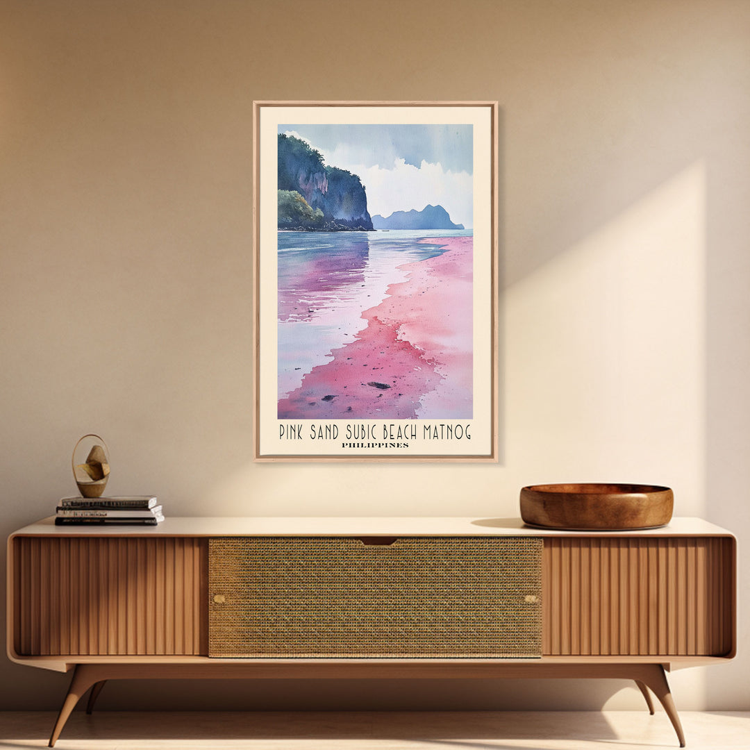 Pink sand Subic beach Matnog, Philippines Watercolor Print, Vacation Gift, Philippines Wall Art, Beach Painting, Beach Decor, Large Wall Art, Wood Frame Art