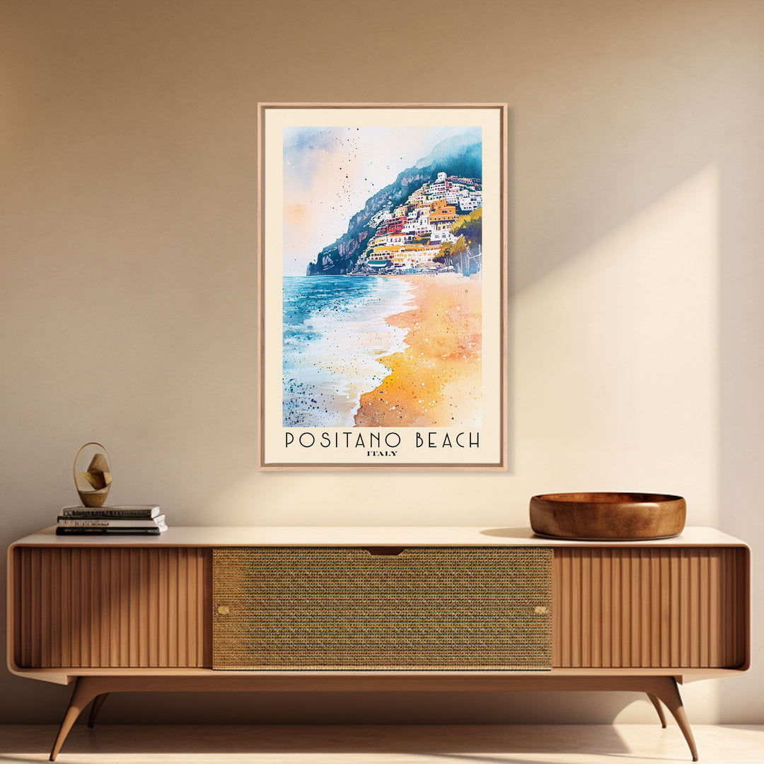 Positano Beach, Italy Watercolor Print, Vacation Gift, Italy Wall Art, Beach Painting, Beach Decor, Large Wall Art, Wood Frame Art