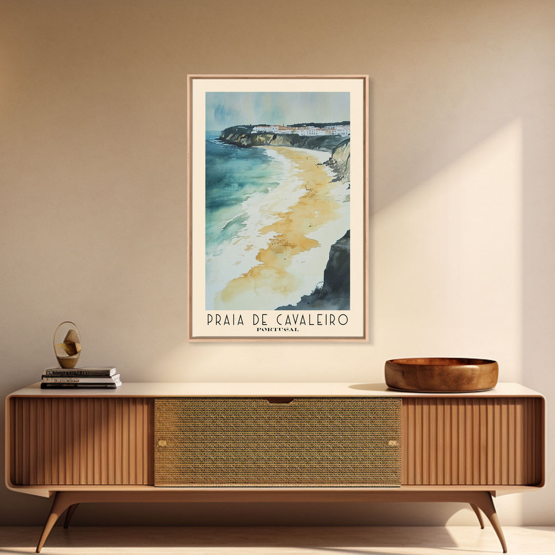 Praia de Cavaleiro, Portugal Watercolor Beach Print, Vacation Gift, Portugal Wall Art, Framed Canvas Print, Framed Beach Painting