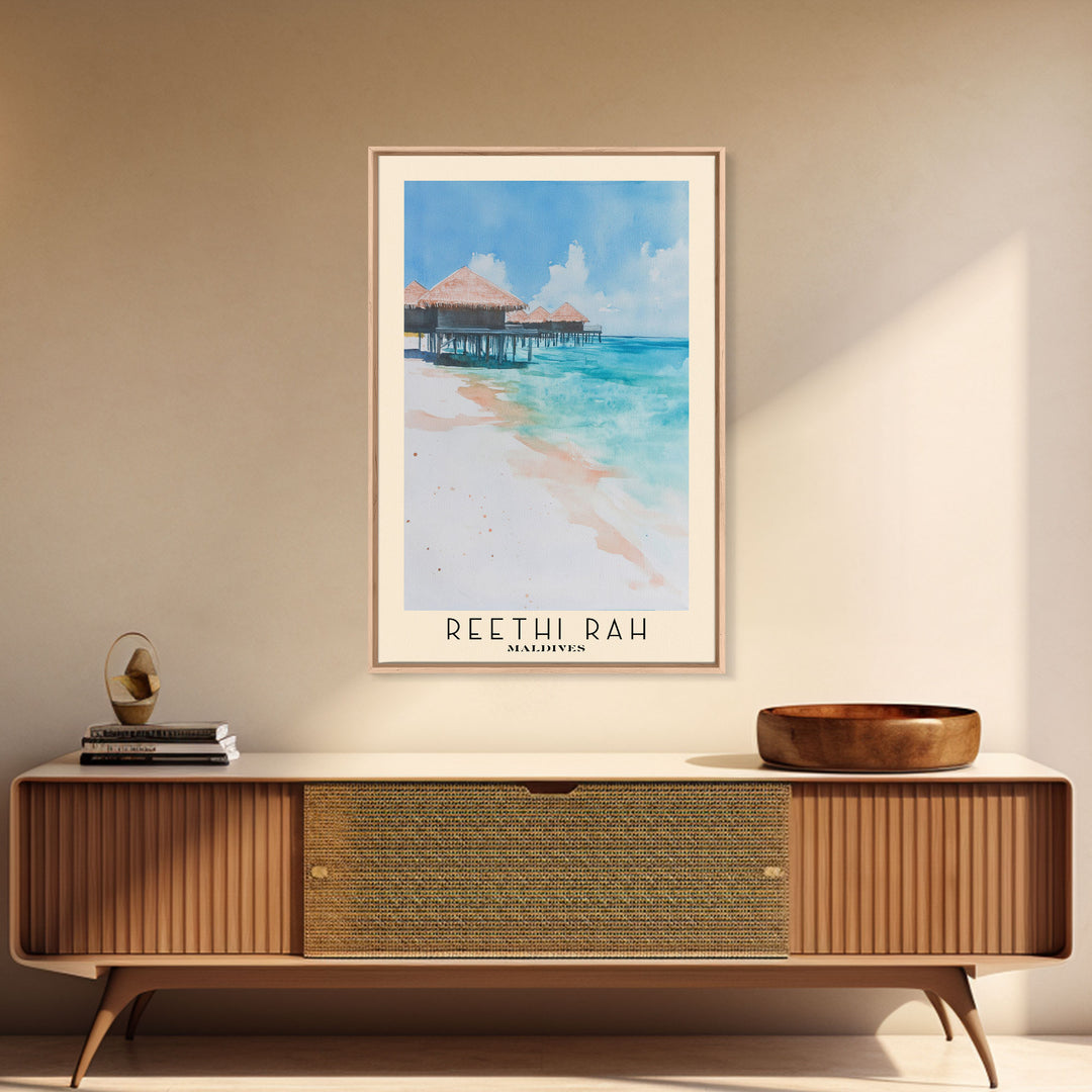 Reethi Rah, Maldives Watercolor Beach Print, Vacation Gift, Maldives Wall Art, Framed Canvas Print, Framed Beach Painting