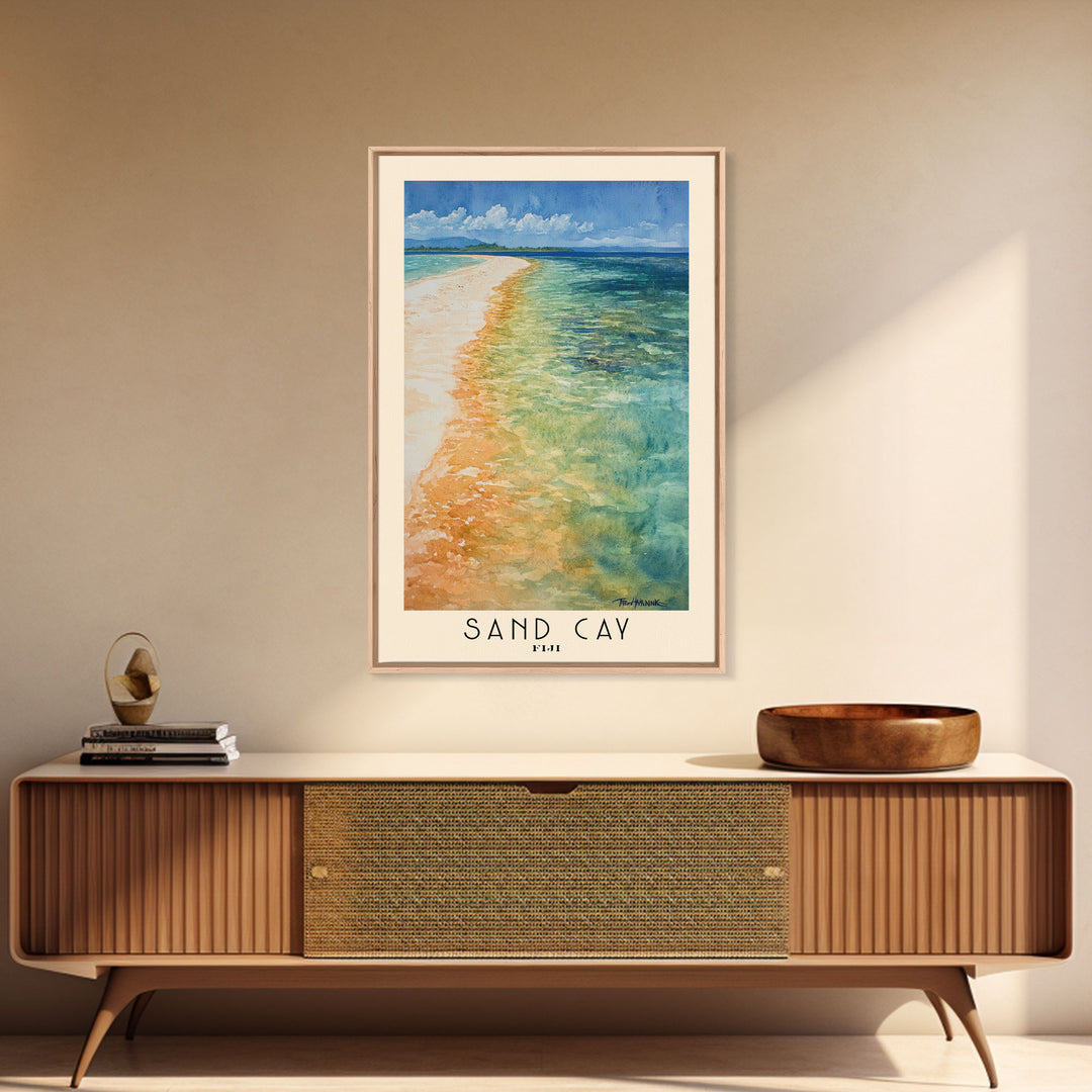 Sand Cay, Fiji Watercolor Beach Print, Vacation Gift, Fiji Wall Art, Framed Canvas Print, Framed Beach Painting