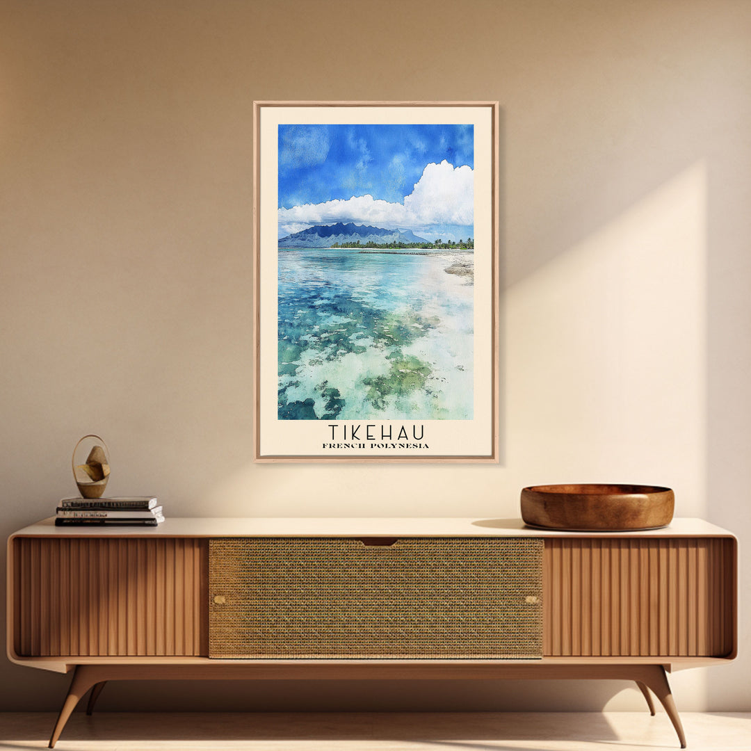 Tikehau, French Polynesia Watercolor Print, Vacation Gift, French Polynesia Wall Art, Beach Painting, Beach Decor, Large Wall Art, Wood Frame Art