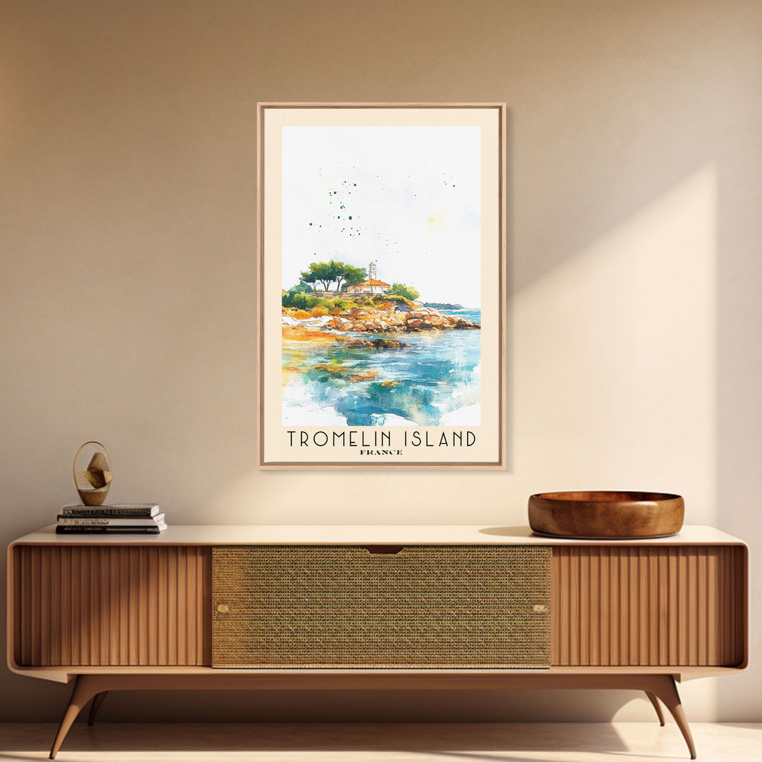 Tromelin Island, France Watercolor Beach Print, Vacation Gift, France Wall Art, Framed Canvas Print, Framed Beach Painting