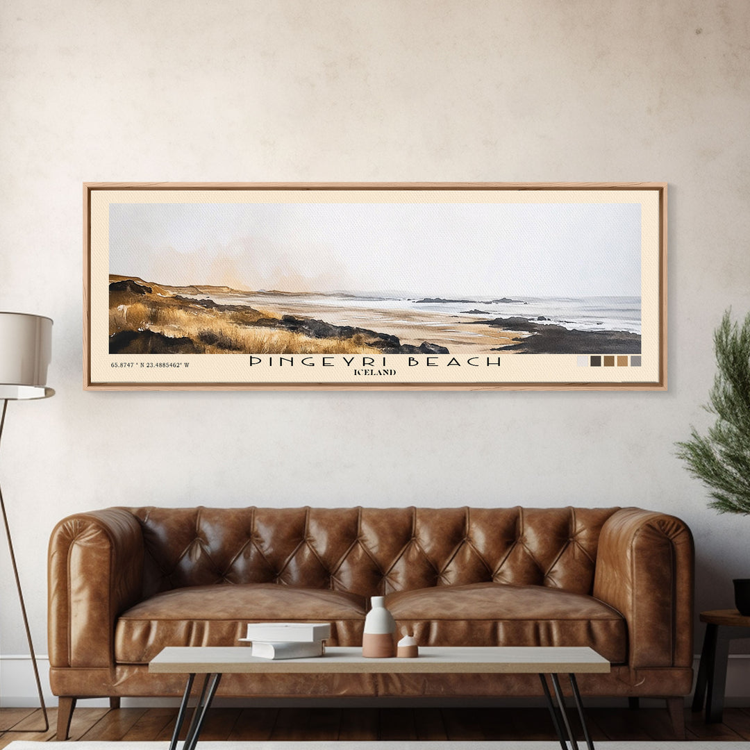 Þingeyri Beach, Iceland Watercolor Beach Print, Vacation Gift, Iceland Wall Art, Framed Canvas Print, Framed Beach Painting