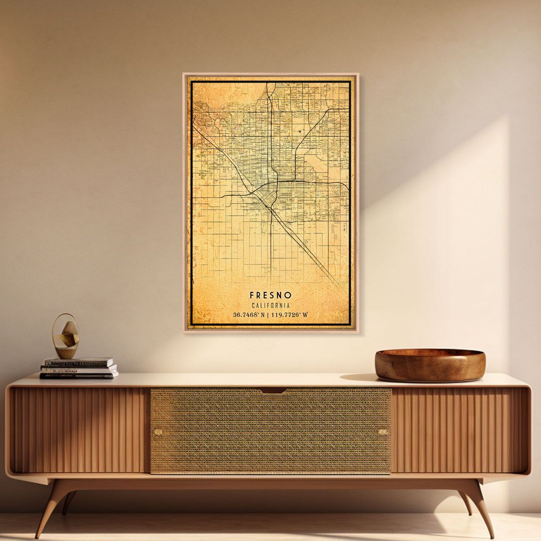 Distressed Fresno California Map, Framed Canvas Print Or Poster, California Map Print, Freso City Wall Art Map Print, Rustic Map Art