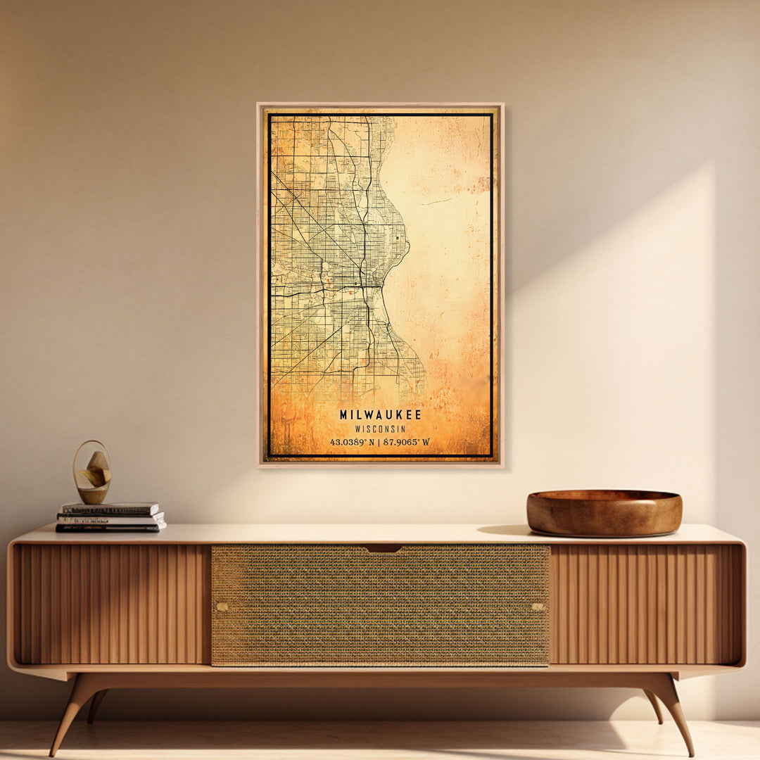 Milwaukee Wisconsin Street Map Wall Art, Framed Canvas Print, Wisconsin Map Print Poster and Canvas, Milwaukee City Office Wall Art