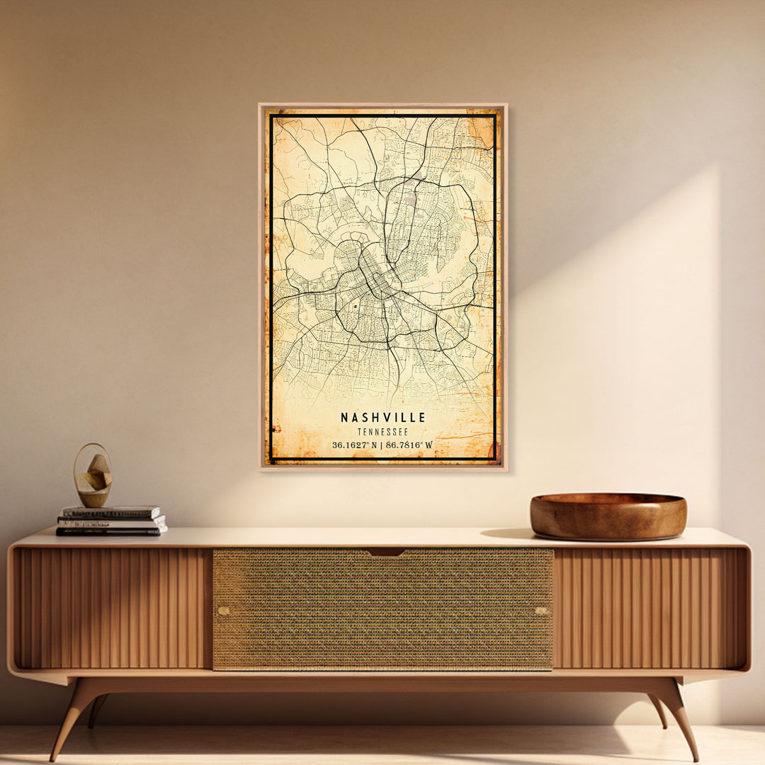 Nashville Map Print, Framed Canvas Wall Art, Tennessee Street Map Art, Davidson City Street Road Map Wall Decor