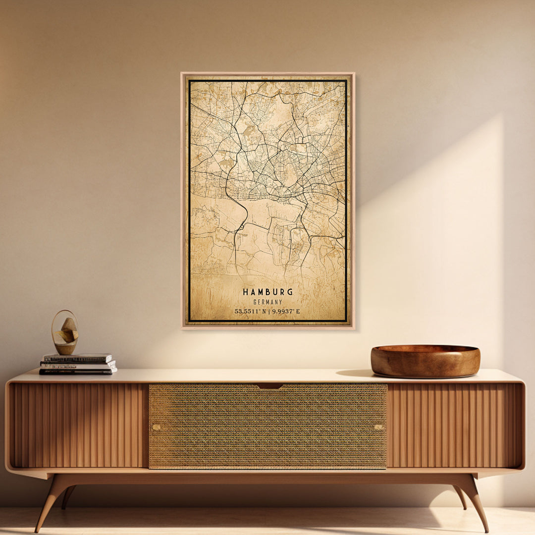 Old Hamburg Germany City Map Wall Art Canvas Print, Vintage Style Hamburg Map, Framed Wall Art, Cool Hamburg Wall Art, Office Art