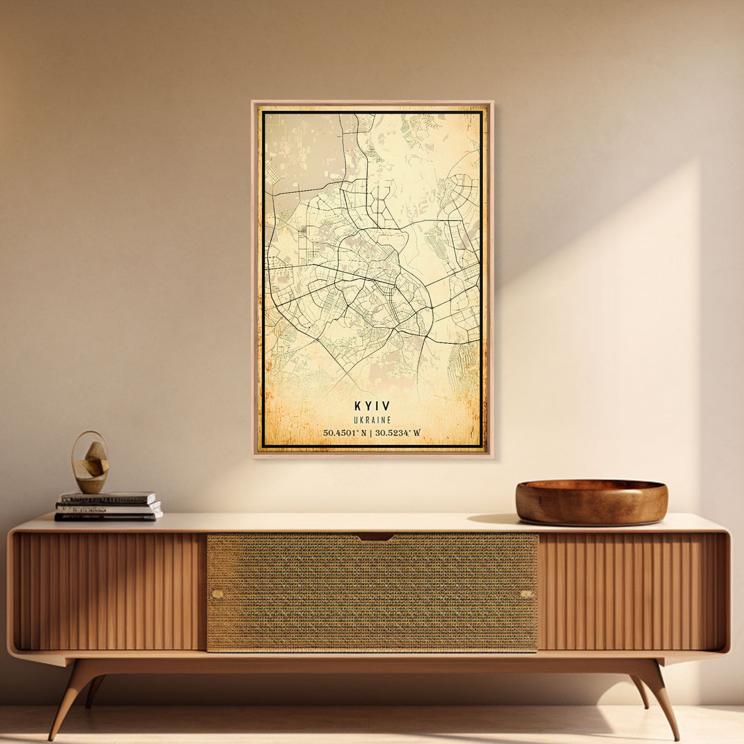 Old Kyiv Ukraine City Map Wall Art Canvas Print, Vintage Style Kyiv Map, Framed Wall Art, Cool Kyiv Ukraine Wall Art, Office Art