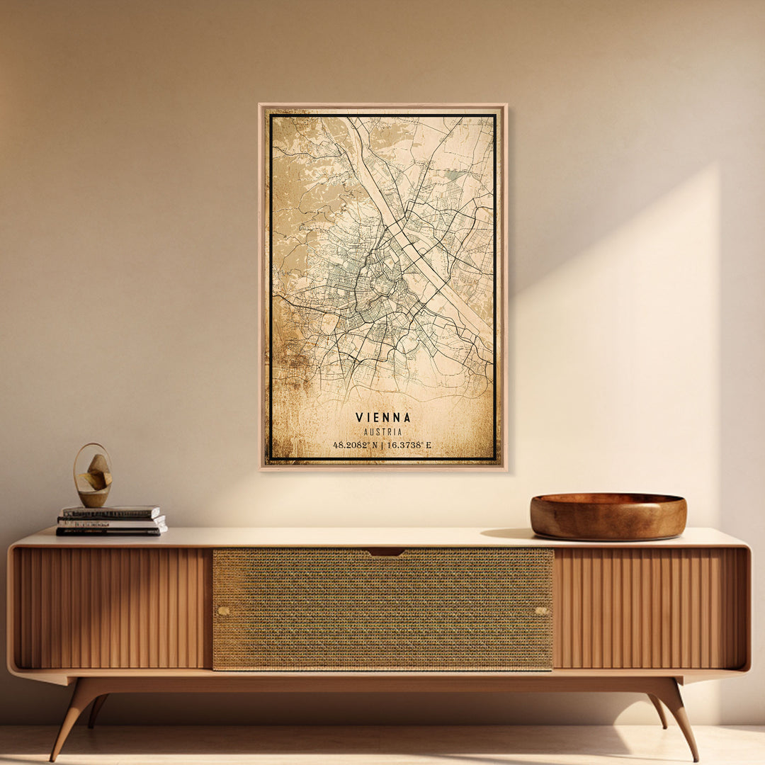 Vintage Vienna City Map Wall Art Canvas Print, Distressed Style Vienna Austria Map, Framed Wall Art, Cool Vienna Travel Wall Art, Office Art