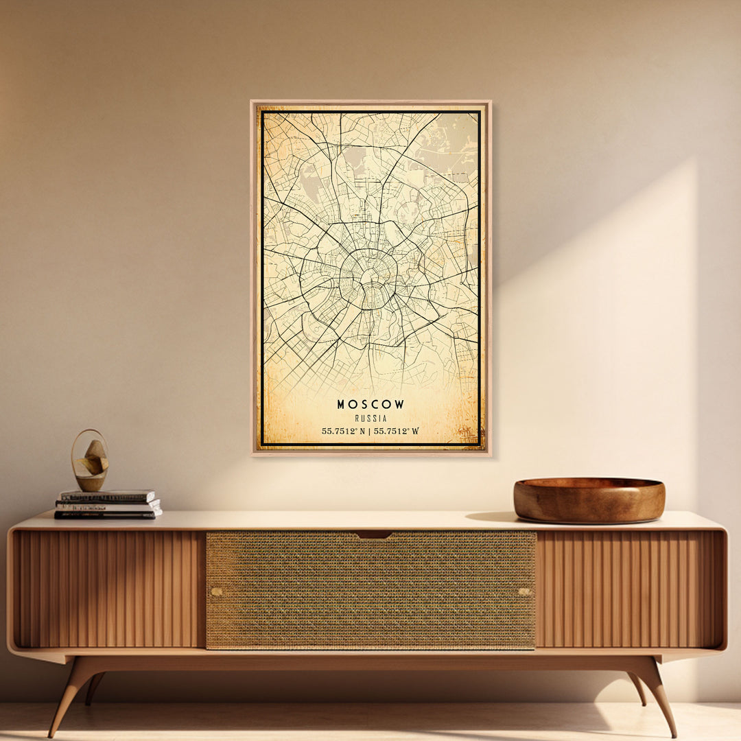 Vintage Style Moscow City Map Wall Art Canvas Print, Distressed Moscow Russia Map, Framed Wall Art, Cool Moscow Travel Wall Art, Office Art