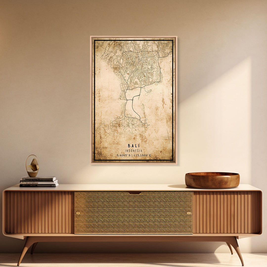 Vintage Bali Indonesia City Map Wall Art Canvas Print, Distressed Style Bali Map, Framed Wall Art, Cool Bali Travel Wall Art, Office Art