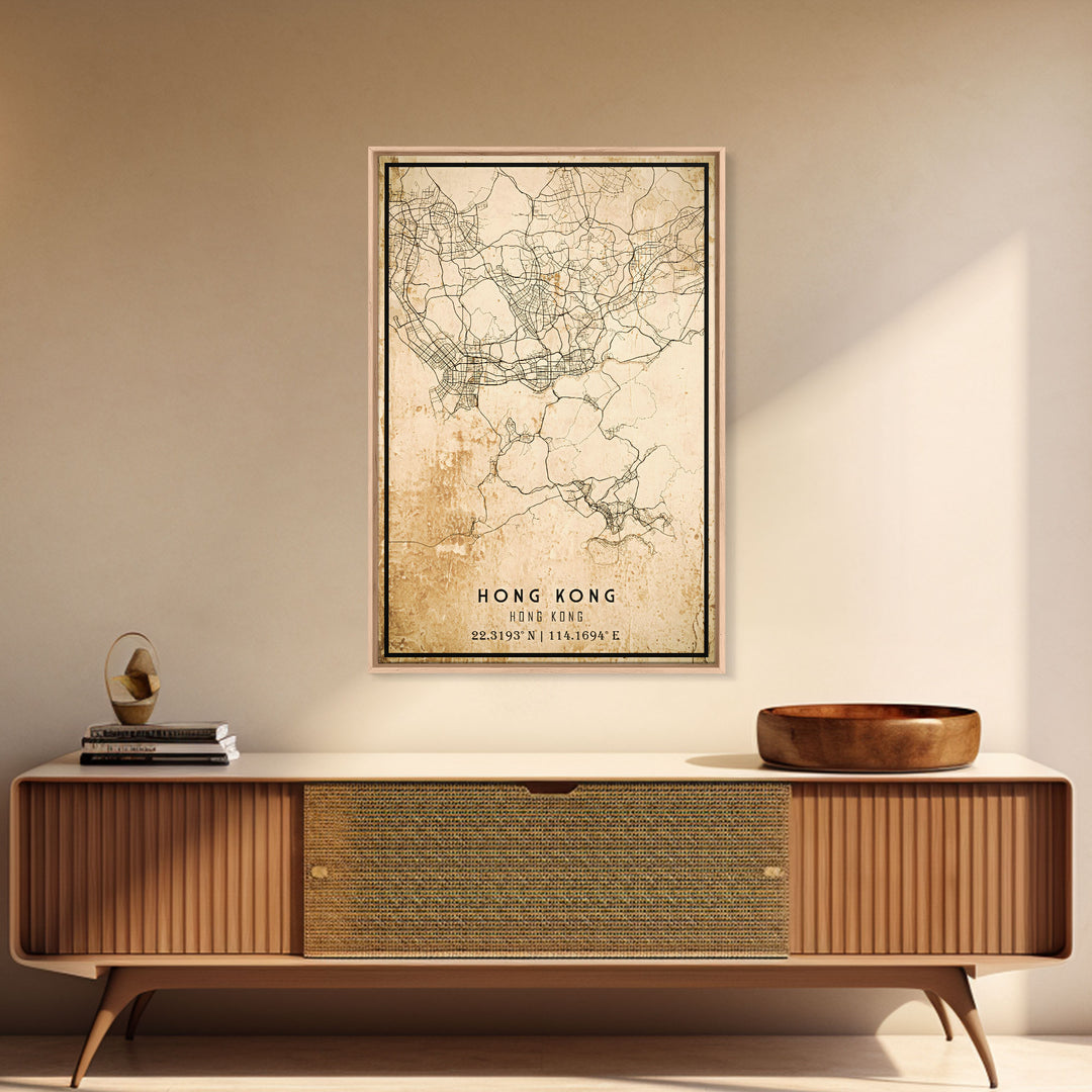 Vintage Hong Kong City Map Wall Art Canvas Print, Distressed Hong Kong Map, Framed Wall Art, Cool Hong Kong Travel Wall Art, Office Art