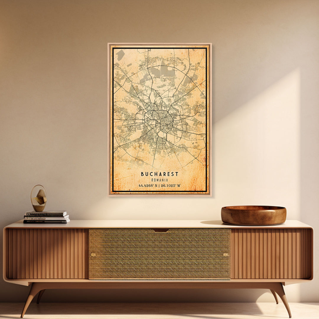 Vintage Style Bucharest City Map Wall Art Canvas Print, Distressed Bucharest Map, Framed Wall Art, Cool RomaniaTravel Wall Art, Office Art