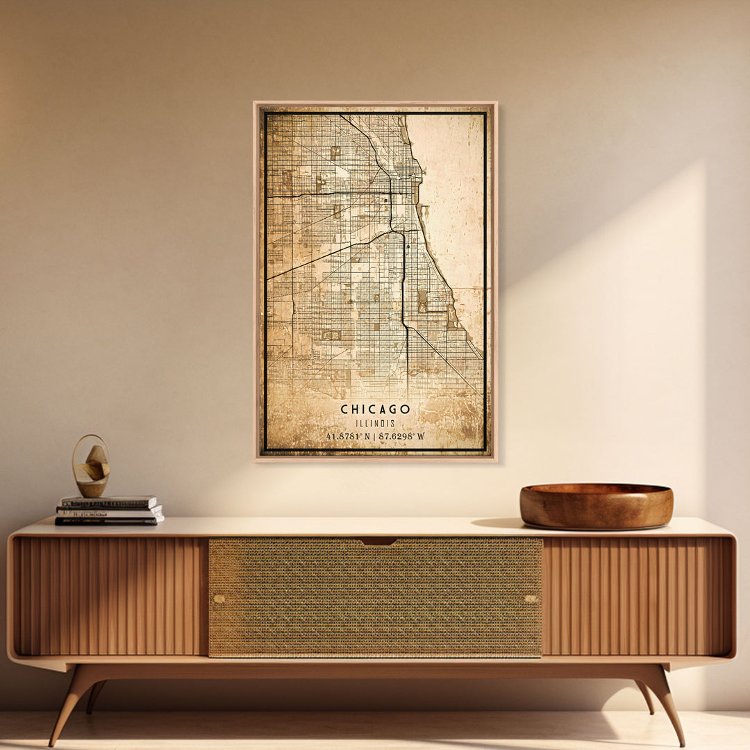 Distressed Chicago map print poster or framed canvas, Illinois road map print poster canvas, Chicago city map print poster canvas