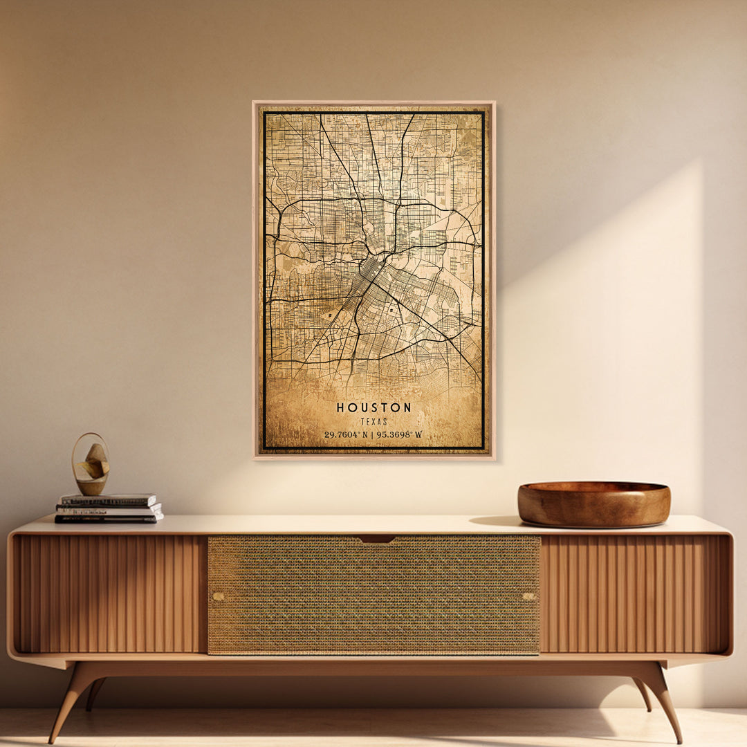 Houston Vintage Map Print, Framed Canvas, Houston Map, Texas Map Art, Houston City Road Map Poster, Vintage Map