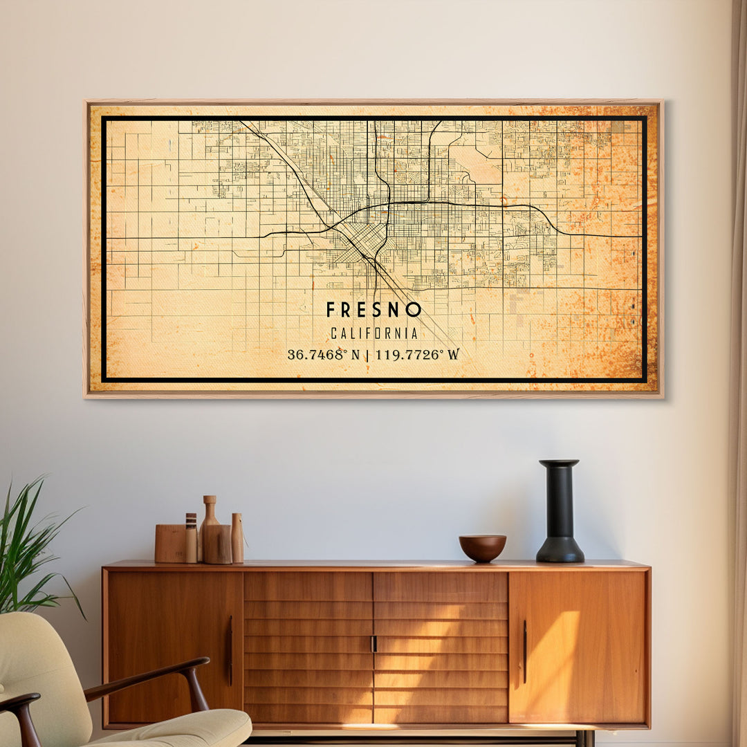 Distressed Fresno California Map, Framed Canvas Print Or Poster, California Map Print, Freso City Wall Art Map Print, Rustic Map Art