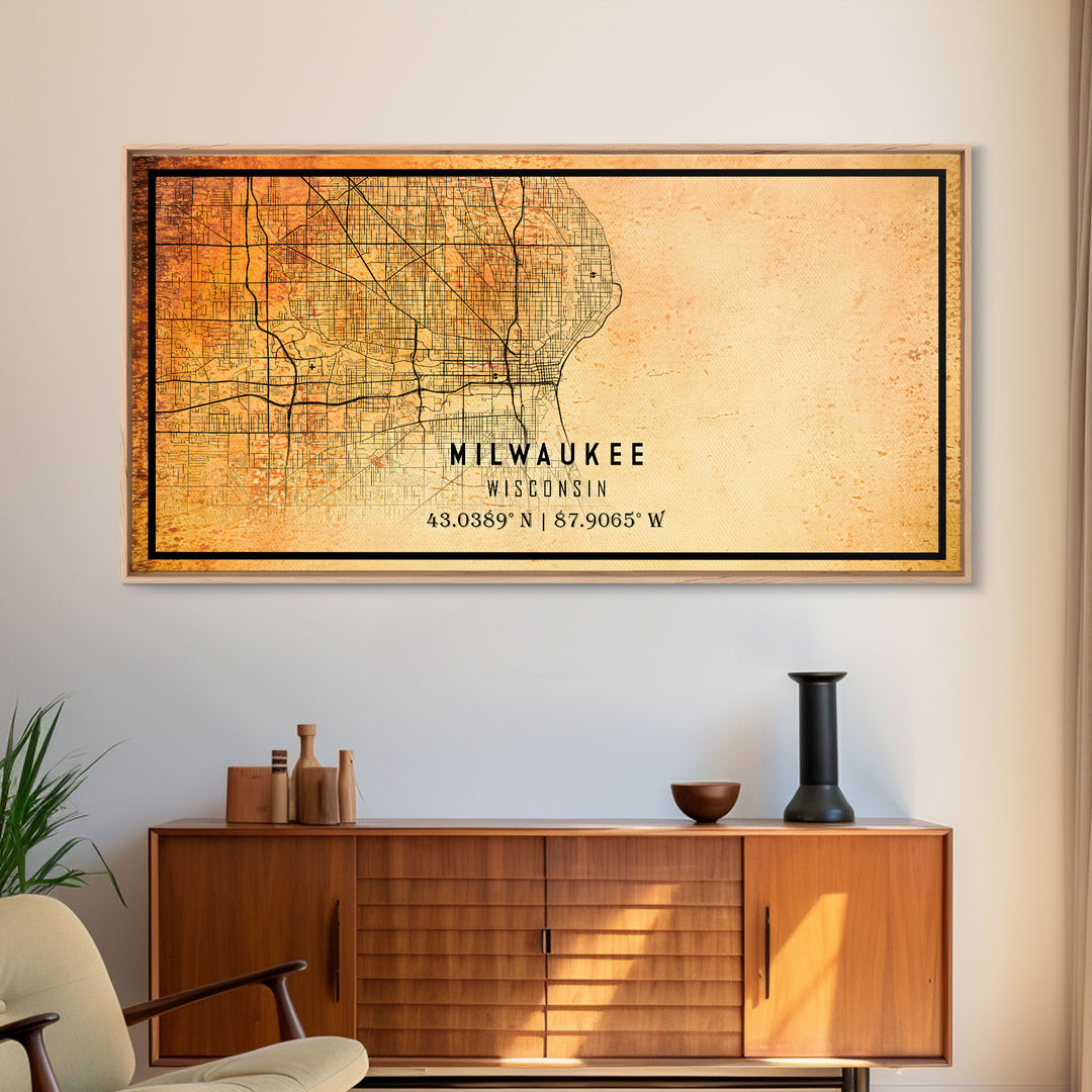 Milwaukee Wisconsin Street Map Wall Art, Framed Canvas Print, Wisconsin Map Print Poster and Canvas, Milwaukee City Office Wall Art