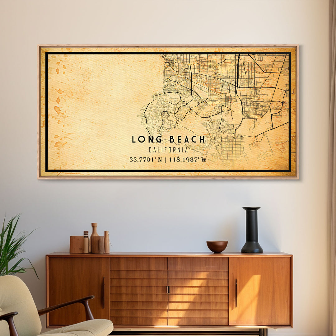 Long Beach map print poster or framed canvas | California map print poster canvas | Long Beach city map print poster canvas, distressed map