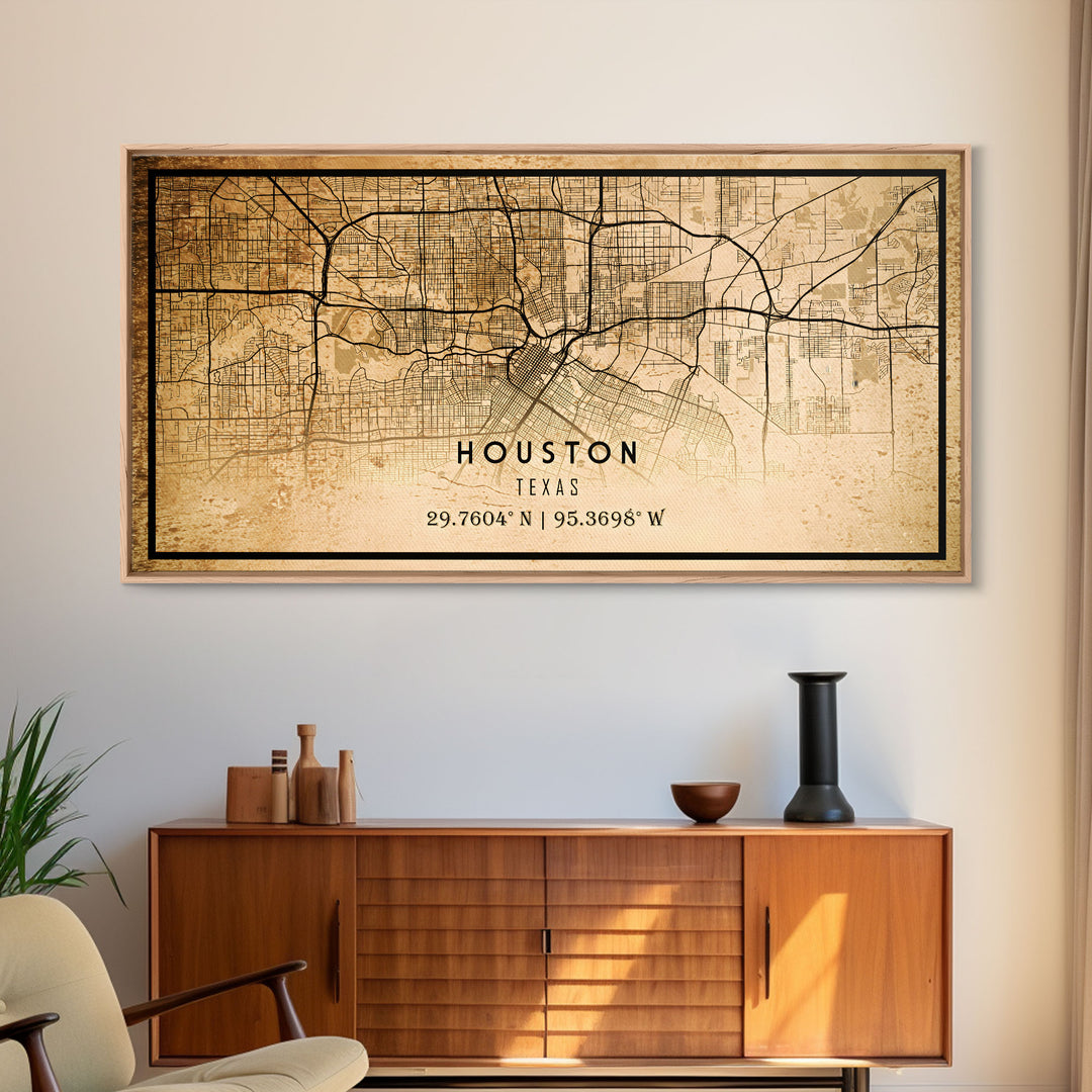 Houston Vintage Map Print, Framed Canvas, Houston Map, Texas Map Art, Houston City Road Map Poster, Vintage Map