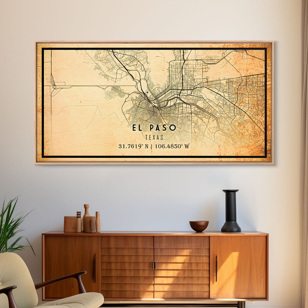 El Paso Texas Vintage Map Print, El Paso Map, Texas Map Art, El Paso City Road Map Poste, Vintage Gift Map, Travel Vacation Art, Rustic Map