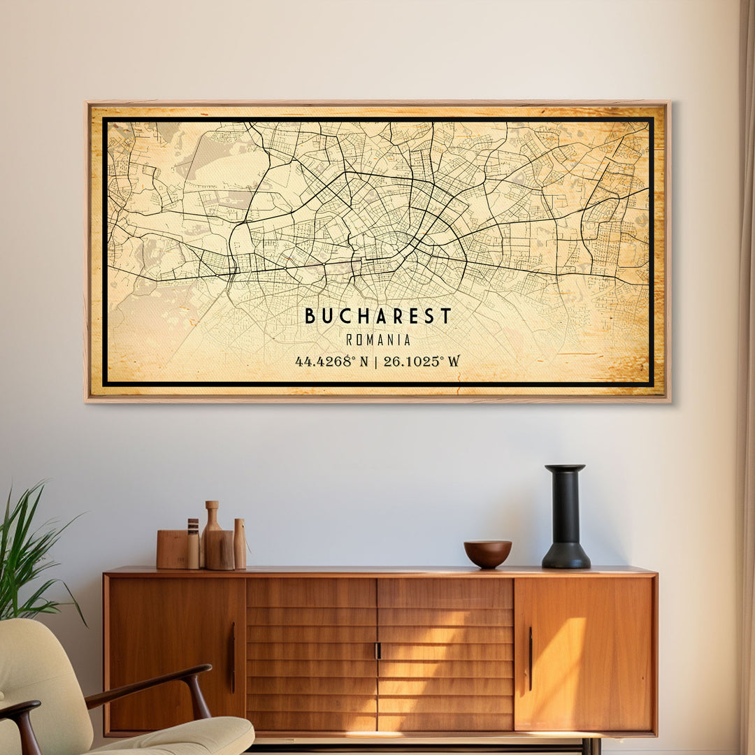 Vintage Style Bucharest City Map Wall Art Canvas Print, Distressed Bucharest Map, Framed Wall Art, Cool RomaniaTravel Wall Art, Office Art