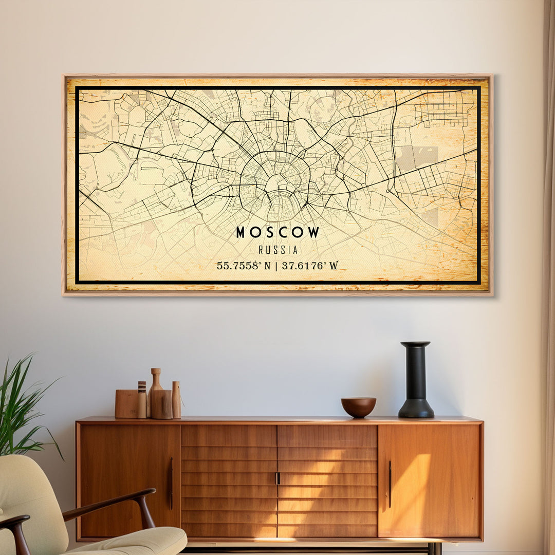 Vintage Style Moscow City Map Wall Art Canvas Print, Distressed Moscow Russia Map, Framed Wall Art, Cool Moscow Travel Wall Art, Office Art