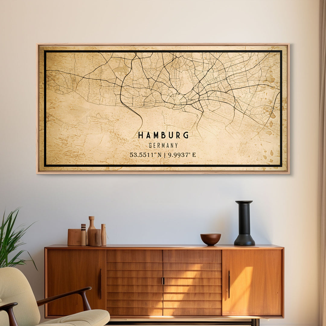 Old Hamburg Germany City Map Wall Art Canvas Print, Vintage Style Hamburg Map, Framed Wall Art, Cool Hamburg Wall Art, Office Art