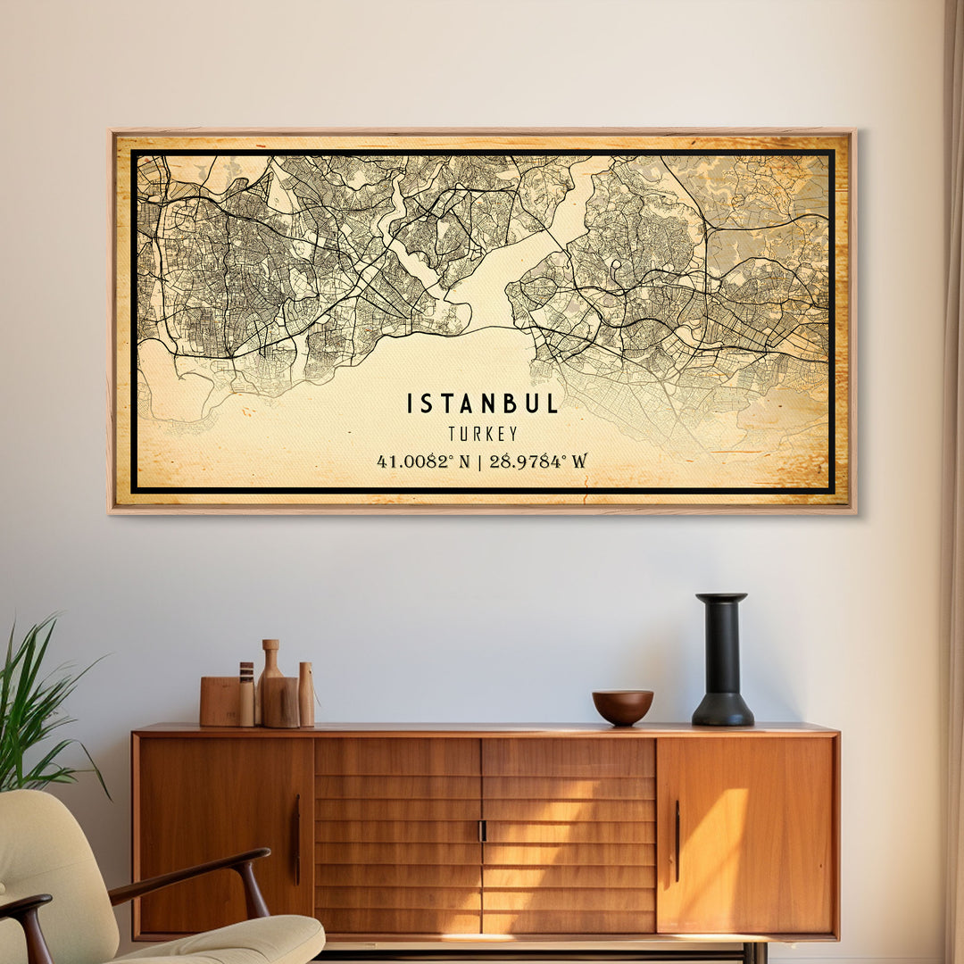 Vintage Istanbul City Map Wall Art Canvas Print, Distressed Istanbul Map, Framed Wall Art, Cool Istanbul Turkey Travel Wall Art, Office Art