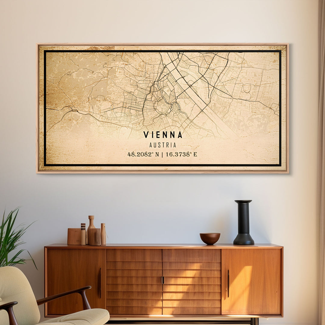 Vintage Vienna City Map Wall Art Canvas Print, Distressed Style Vienna Austria Map, Framed Wall Art, Cool Vienna Travel Wall Art, Office Art