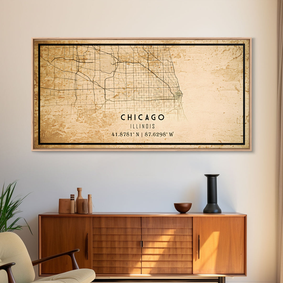 Distressed Chicago map print poster or framed canvas, Illinois road map print poster canvas, Chicago city map print poster canvas