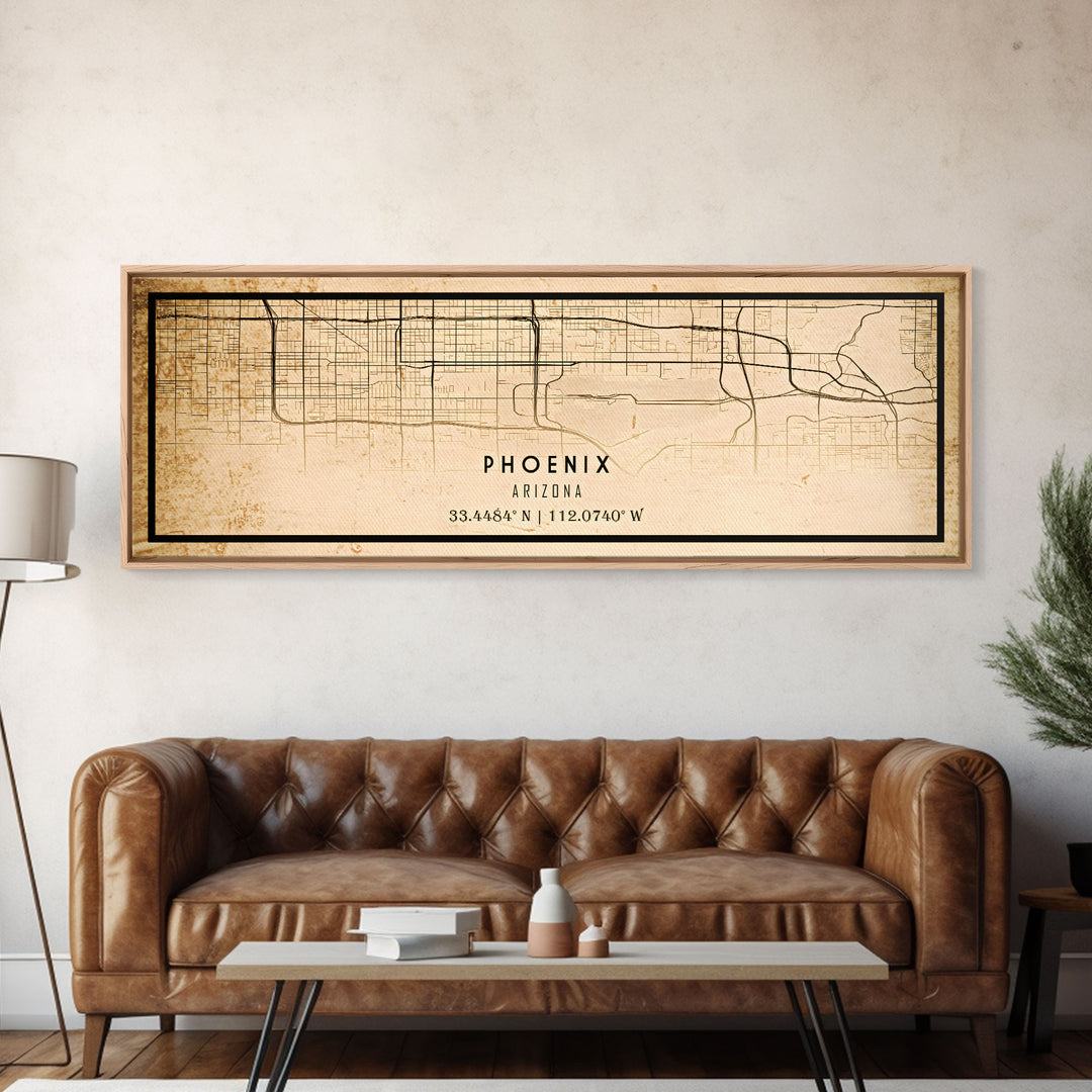 Phoenix Arizona Panoramic Street Map, Framed Canvas Art, Arizona United States Road Map Wall Art, Office Wall Art, Wall Decor for Office