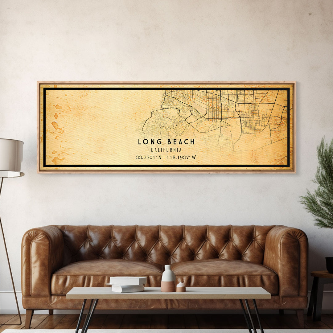 Panoramic Long Beach map print poster or framed canvas | California map print poster canvas | city map print poster canvas, distressed map