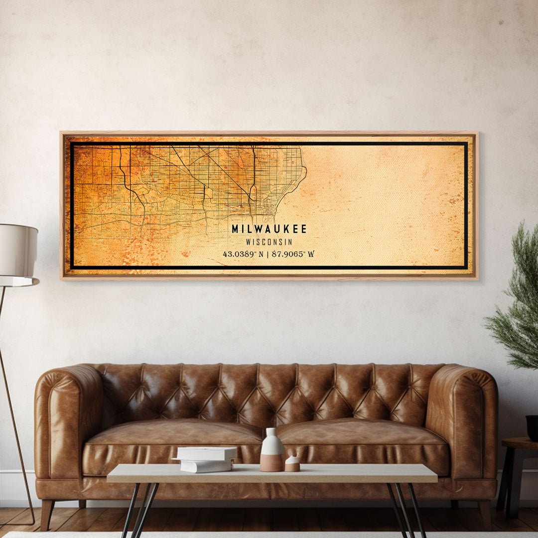 Panoramic Milwaukee Wisconsin Street Map Wall Art, Framed Canvas Print, Wisconsin Map Print Poster and Canvas, City Office Wall Art